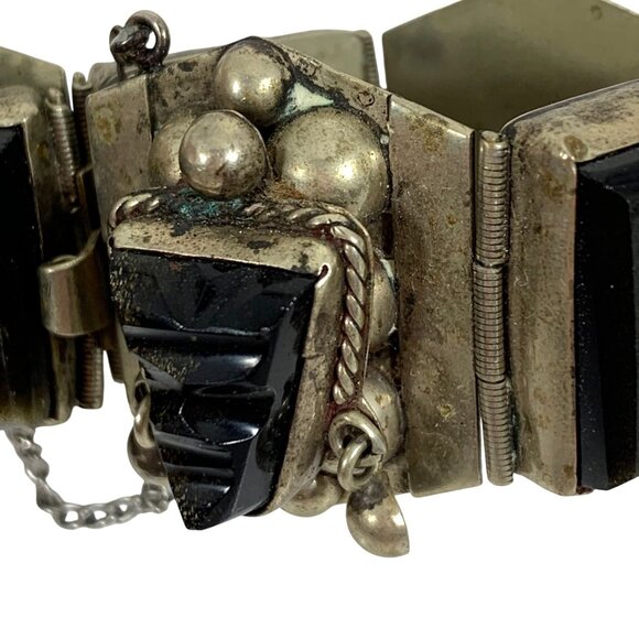 Vintage Alpaca Mexico Mayan Aztec Carved Black Onyx Face Panel Bracelet 925 - Picture 4 of 7